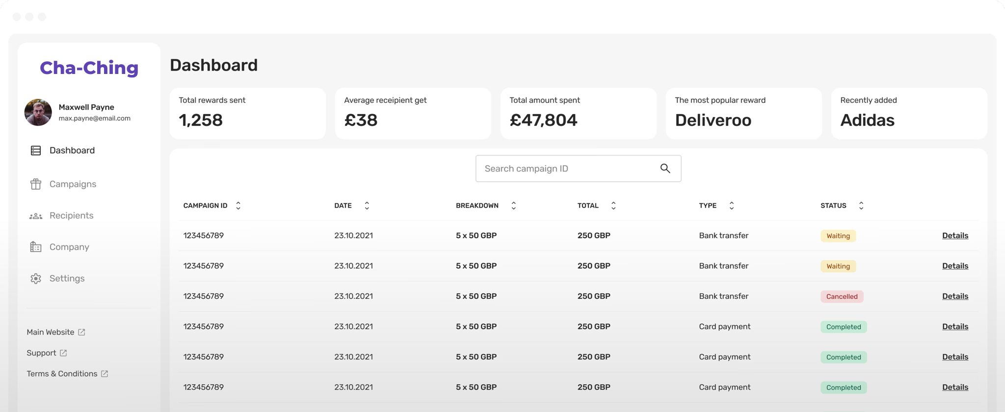 Cha-Ching's user interface for platform dashboard.